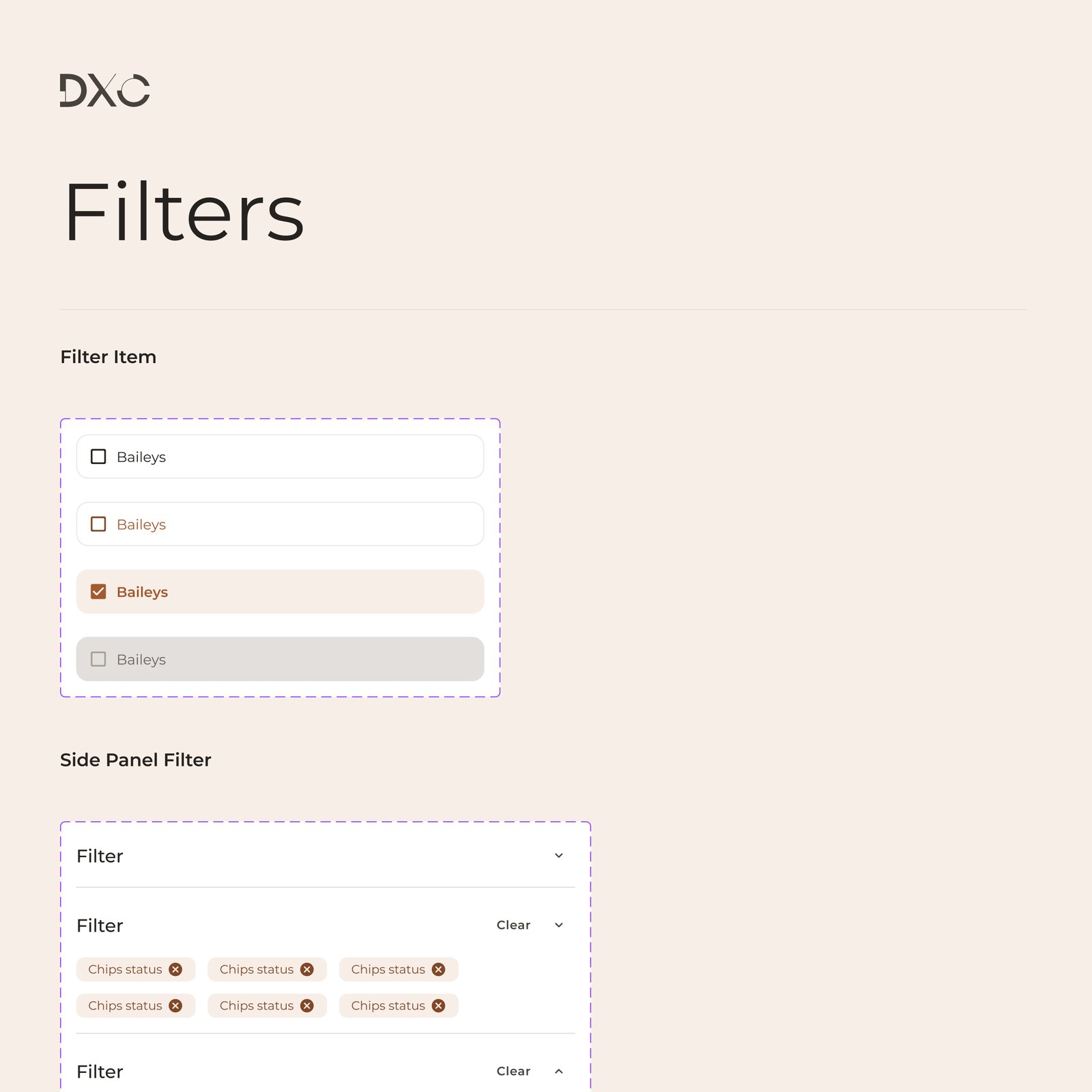 Filters component: filter items and the side panel filter with chips