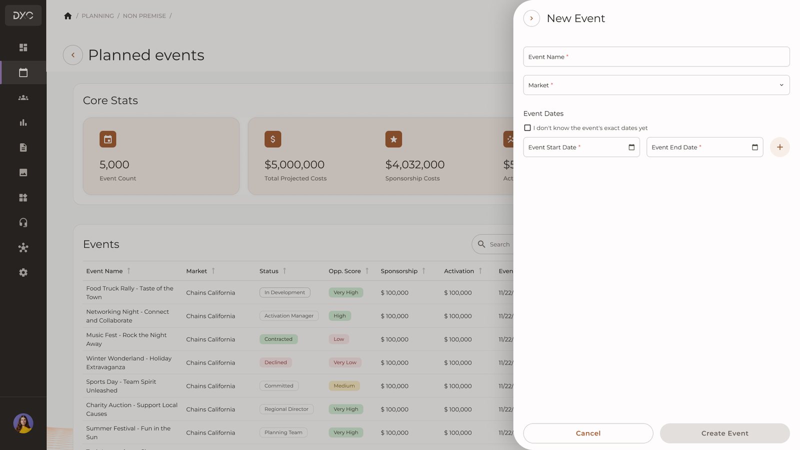 New event side panel open over the planned events list