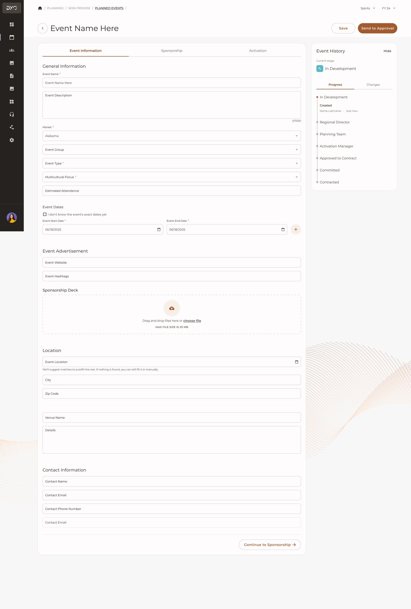 Event form on the Event information tab, with the event history beside it
