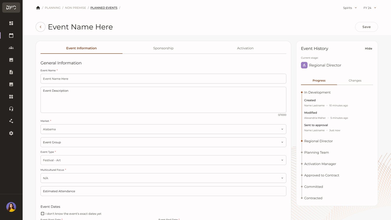 Event form after it was sent to approval, with the progress history