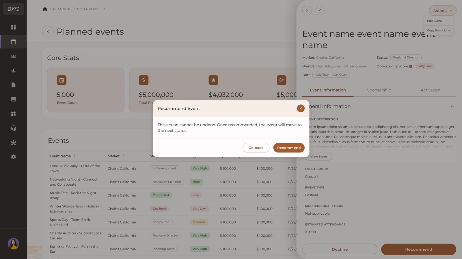 Recommend event confirmation dialog