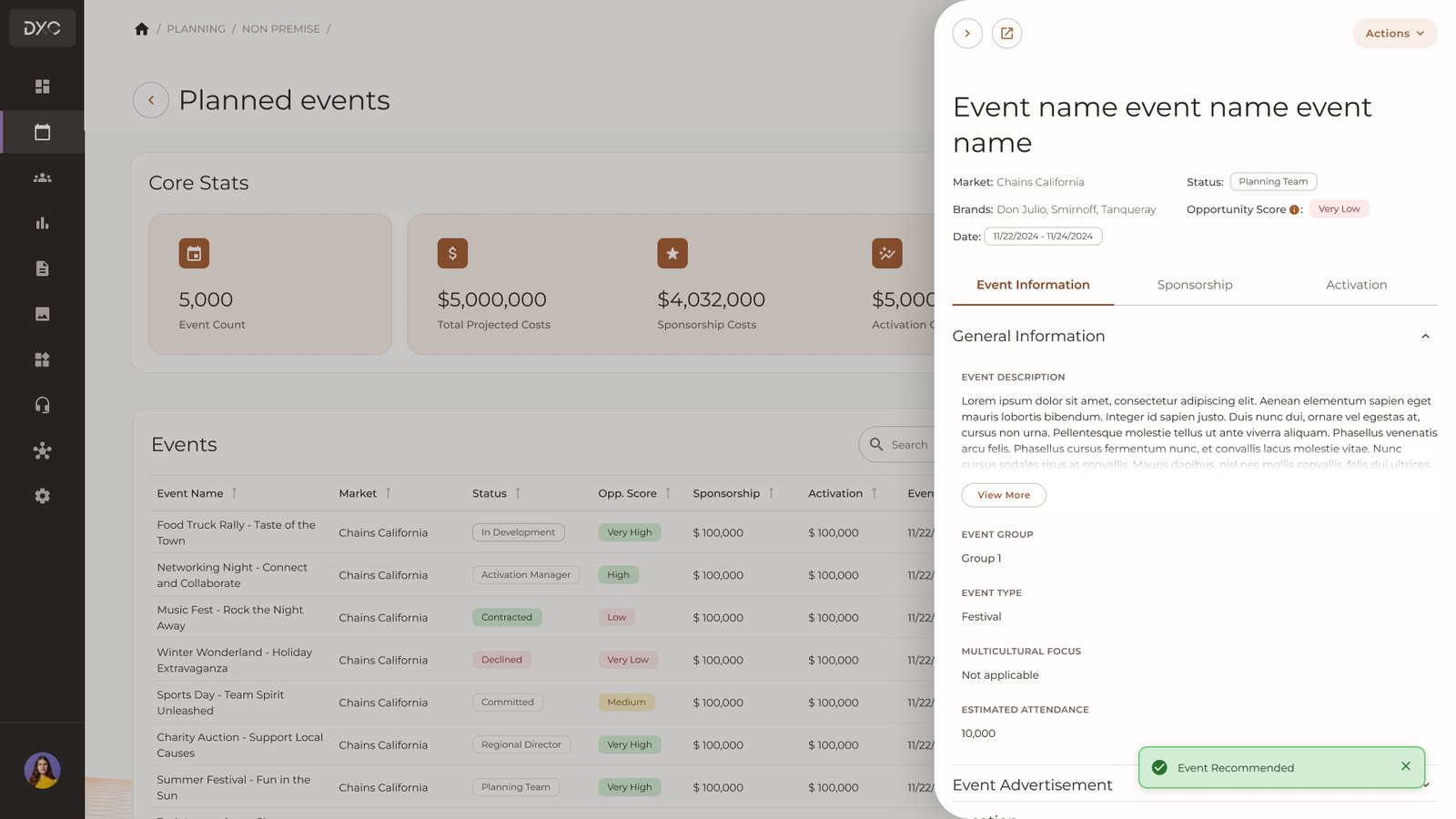 Side panel with an Event recommended confirmation message