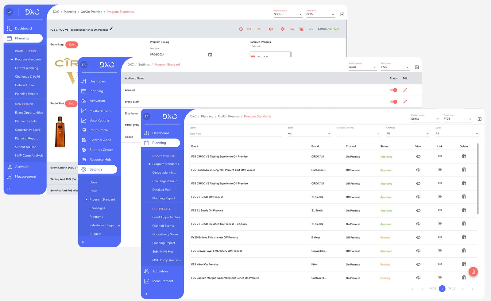 Three screens of the old DxC: an event form, the program standards settings and the planned events list, all built screen by screen with different patterns