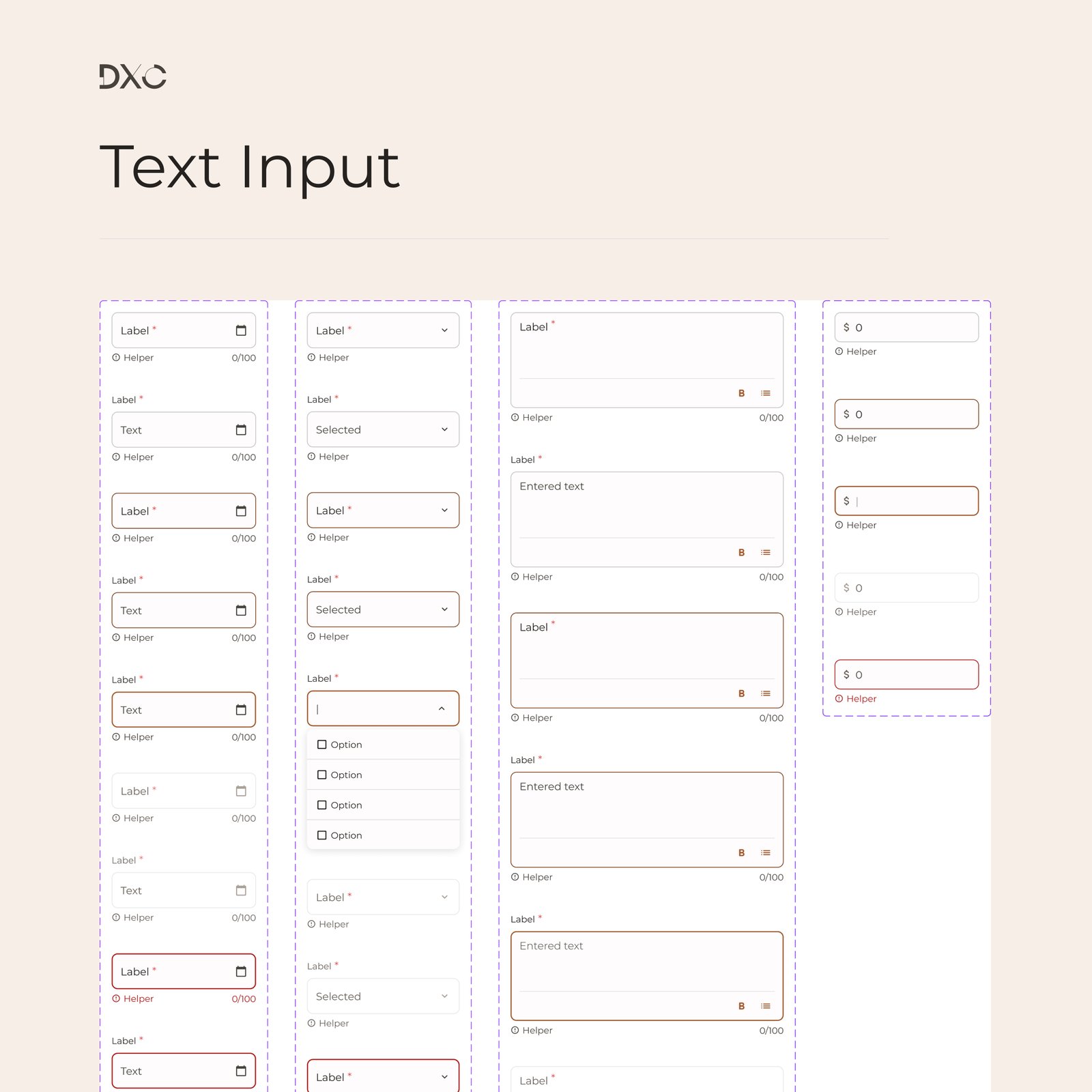 Text input component in every state: default, filled, focused, error and disabled