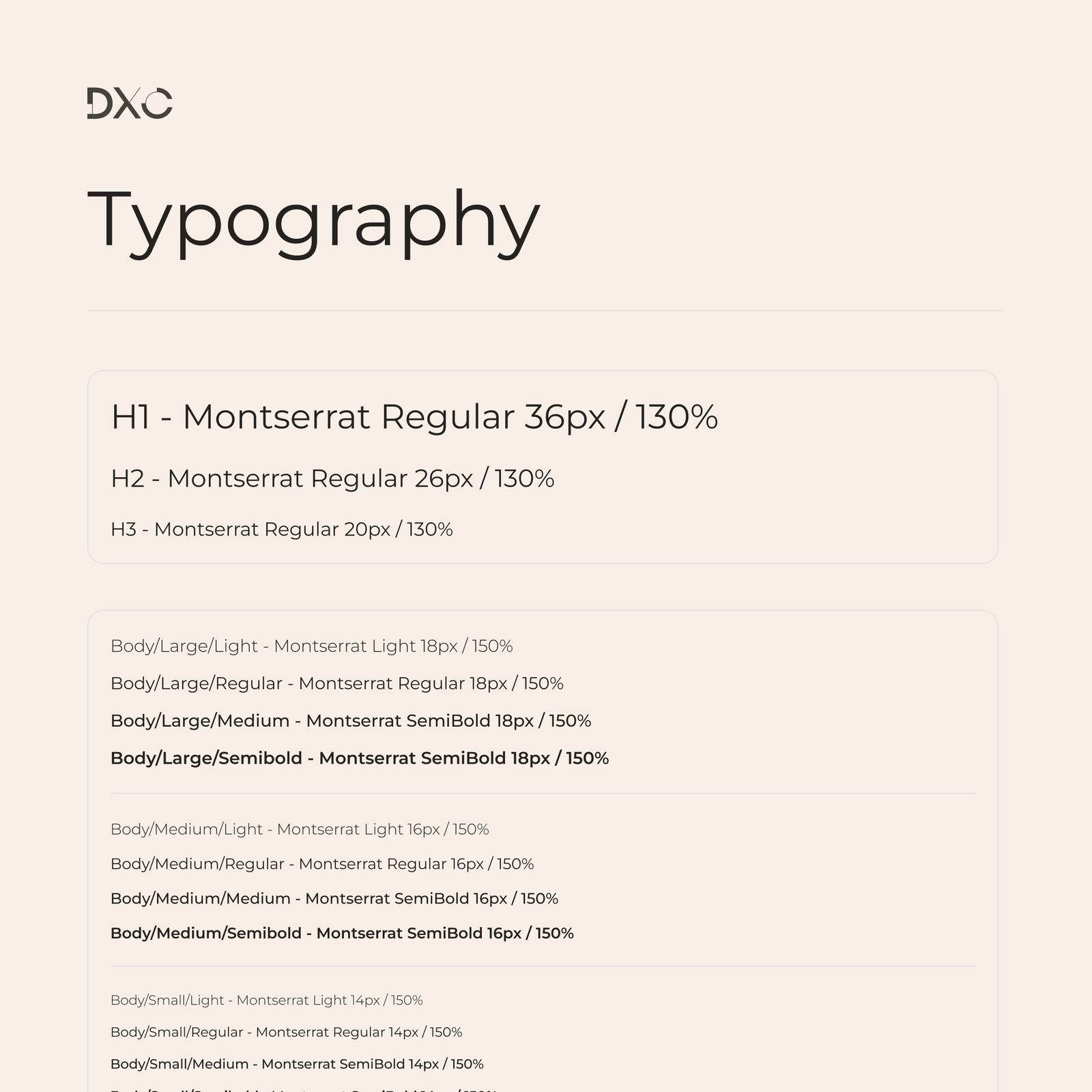 Typography page of the DxC design system: Montserrat heading and body styles with sizes and line heights